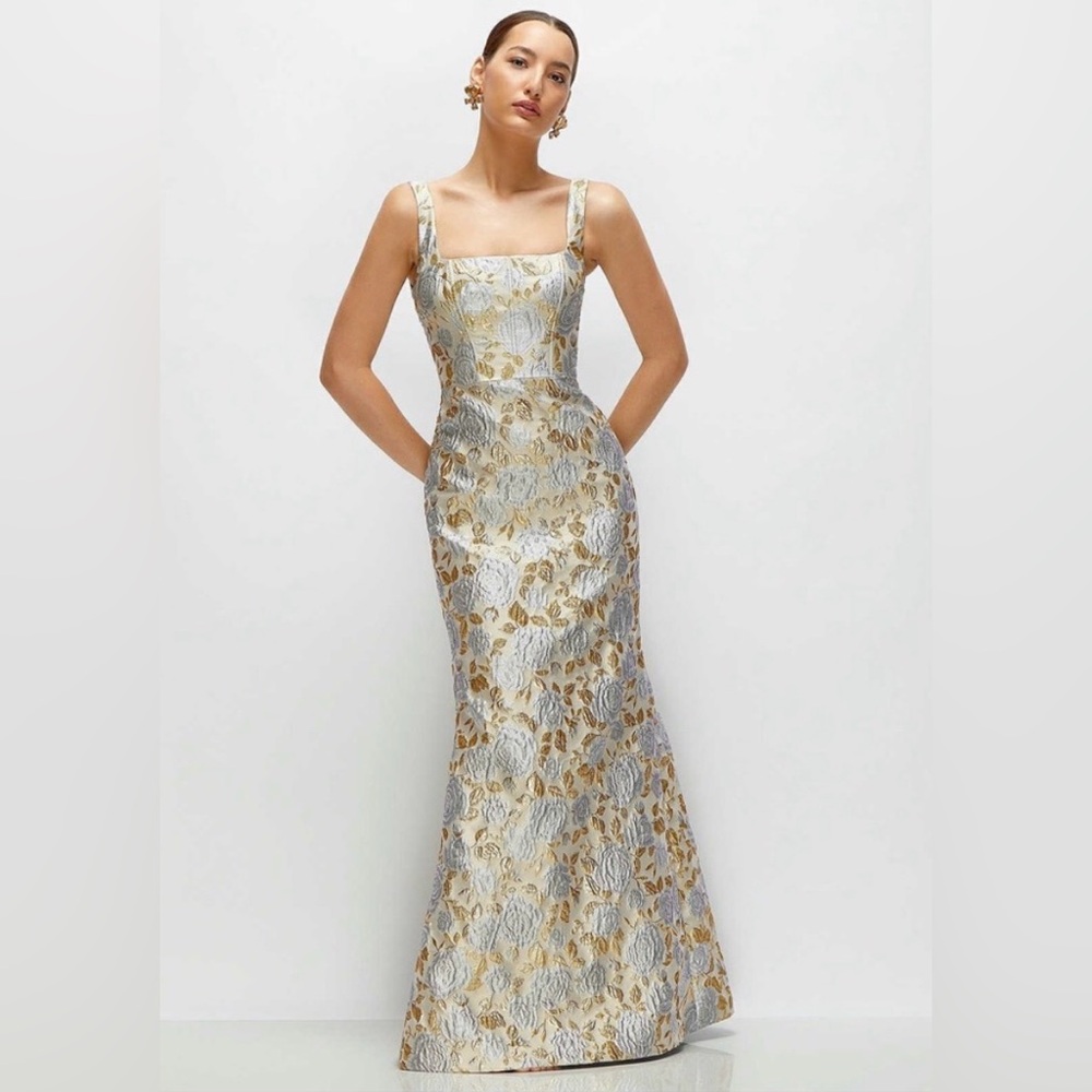 Dessy Collection Gold and Silver Floral Jacquard Maxi Dress